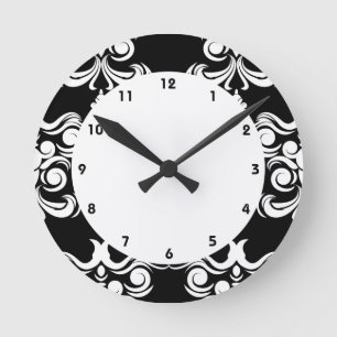 Damask Black And White Round Clock