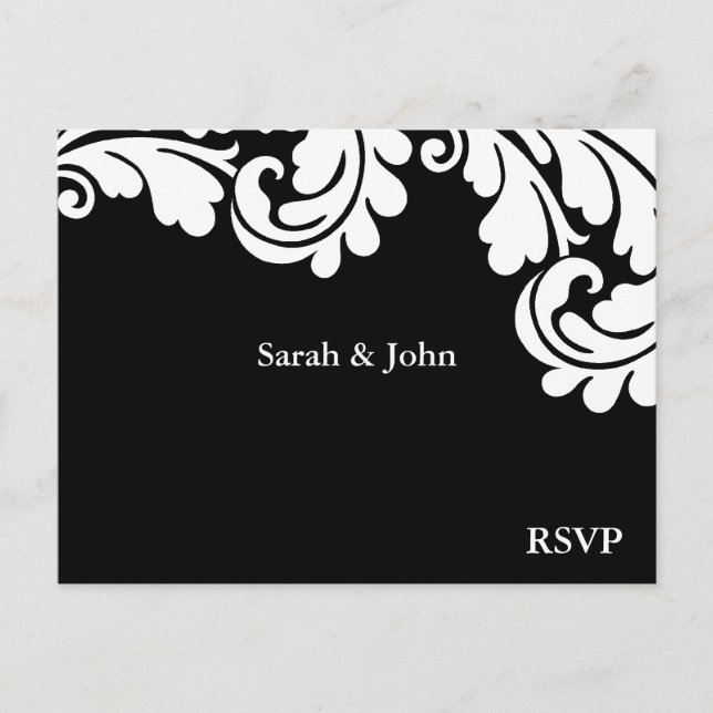 Damask Black and White Wedding RSVP 1 Invitation Postcard (Front)