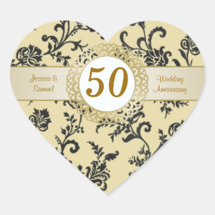 Damask black flowers on gold Wedding Anniversary Heart Sticker
