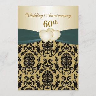 Damask black gold hearts 50th Wedding Anniversary Invitation