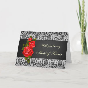 Damask black grey, red roses Maid of Honour Reques Invitation