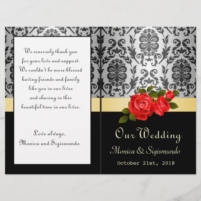 Damask black, grey, red roses Wedding Program (Front)