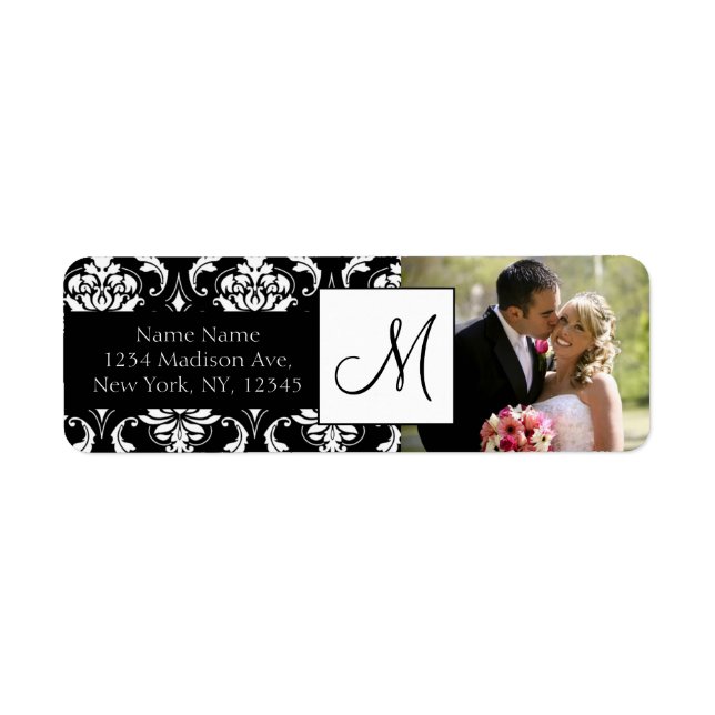 Damask Black Monogram Photo Wedding Address Labels (Front)