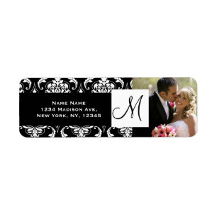 Damask Black Monogram Photo Wedding Address Labels