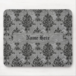 Damask Black on Faux Grey Stone Mouse Pad