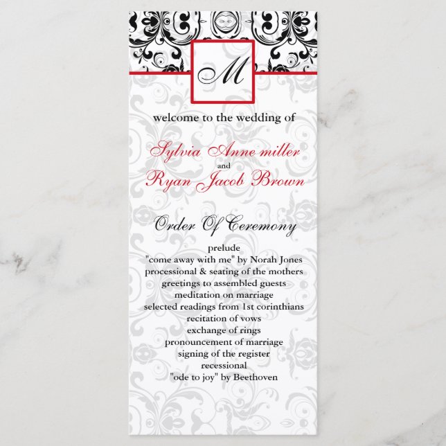 Damask black red MONOGRAM Wedding program (Front)