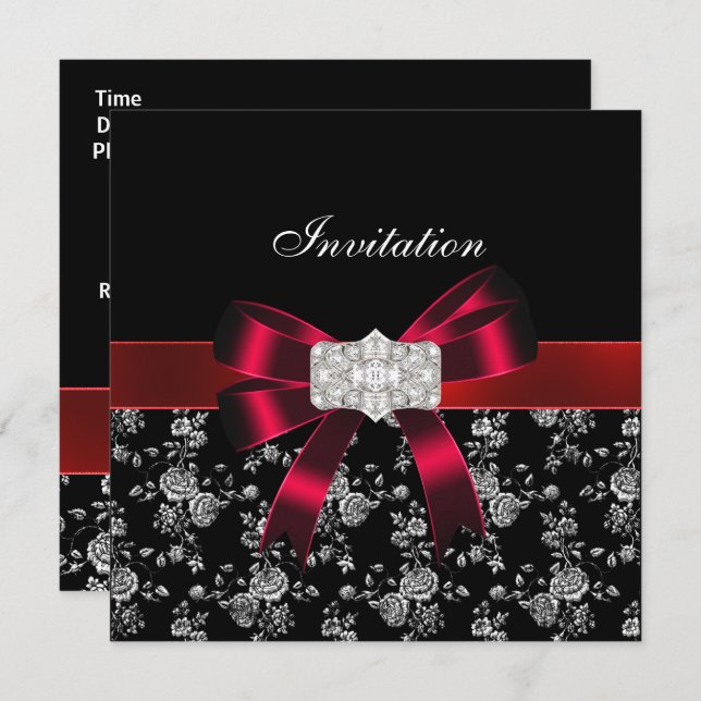Damask Black Red White Jewel Bow Invitation (Front/Back)