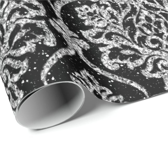 Damask Black Royal Grey Silver Glitter Wrapping Paper (Roll Corner)