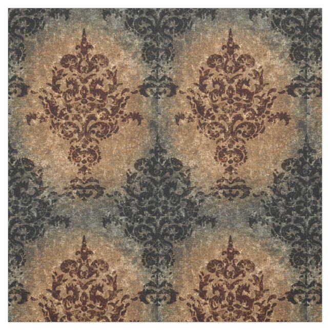 Damask Black Rust on Grey and Tan Fabric (Swatch)