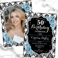 Damask Black Silver Royal Blue Photo 50th Birthday
