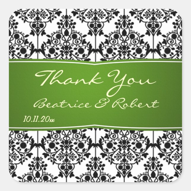 Damask black, white and green Wedding Thank You Square Sticker (Front)