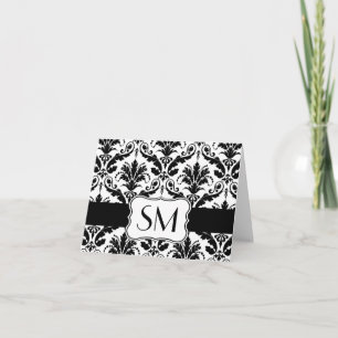 Damask black white Monograms Thank you Card
