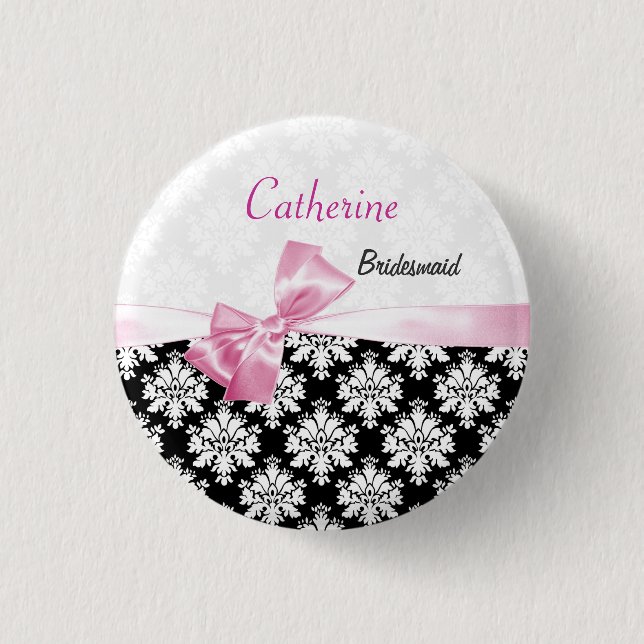 Damask black white, pink bow Wedding Bridesmaid 3 Cm Round Badge (Front)
