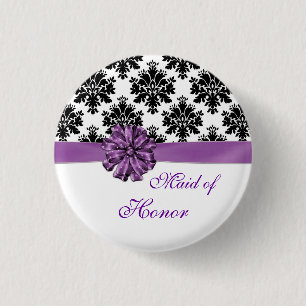 Damask black white purple bow Maid of Honour 3 Cm Round Badge