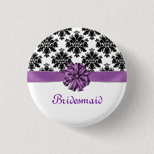Damask black white purple bow Wedding Bridesmaid 3 Cm Round Badge