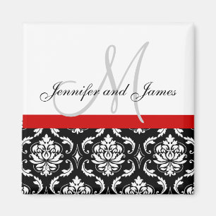 Damask Black White Red Monogram Names Magnet