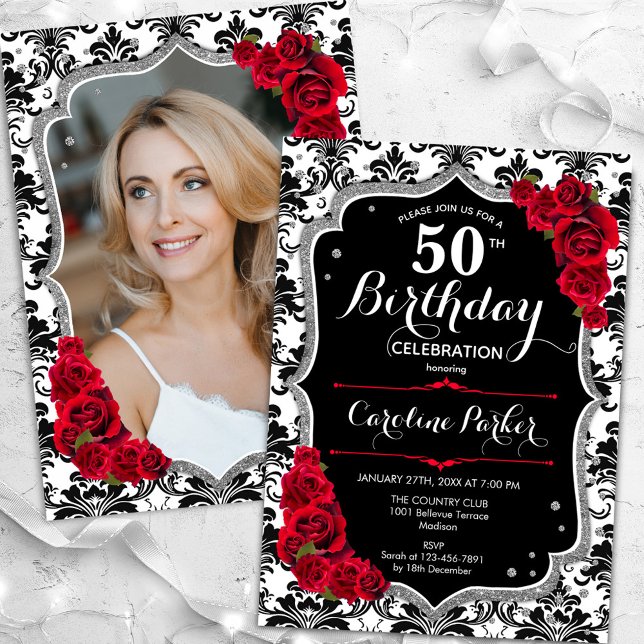 Damask Black White Silver Red Photo 50th Birthday Invitation (Creator Uploaded)