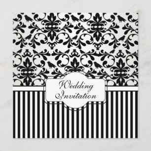 Damask black white swirls, birds, stripes Wedding Invitation