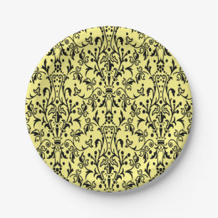 Damask Black & Yellow Paper Plate