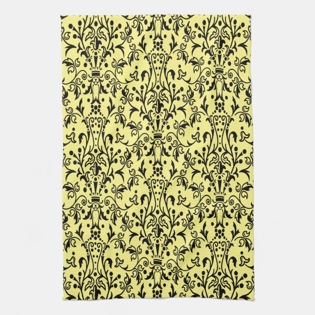 Damask Black & Yellow Tea Towel (Vertical)