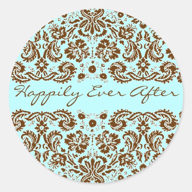 Damask Blue and Brown Wedding Classic Round Sticker (Front)
