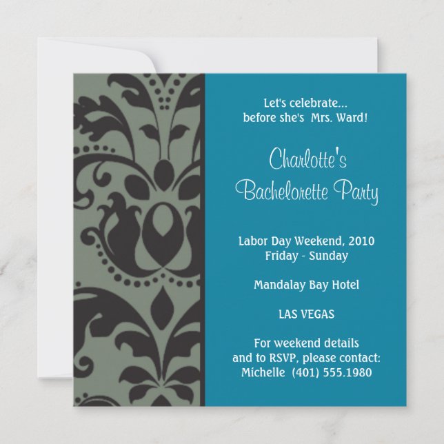 damask blue; bachelorette invitation (Front)