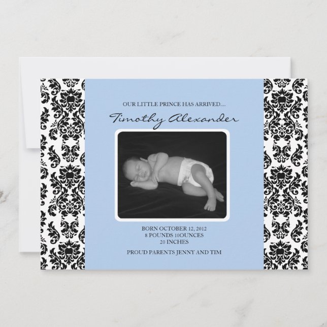 Damask Blue Birth Announcement (Front)