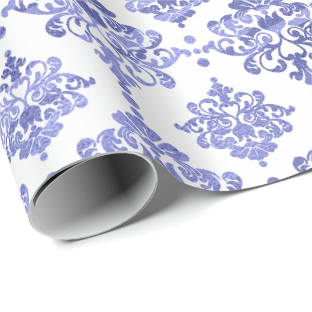 Damask Blue Cobalt Indigo White  Royal Floral Wrapping Paper (Roll Corner)