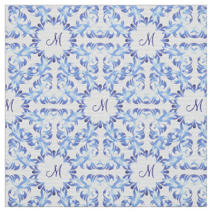 damask blue pattern. monogram. fabric
