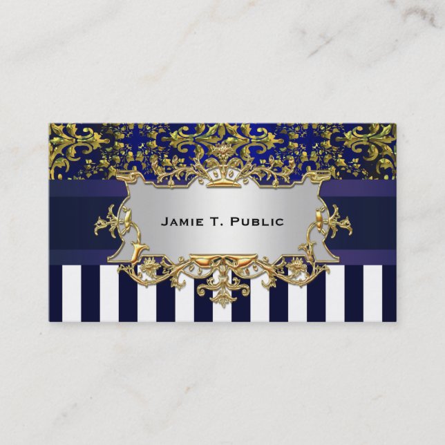 Damask Blue White Stripe, Blue Ribbon, Gold \Label Business Card (Front)