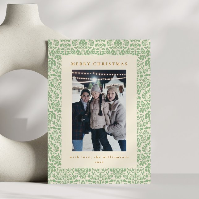 Damask Border Colourful Christmas Photo Sage Green Holiday Card (Creator Uploaded)