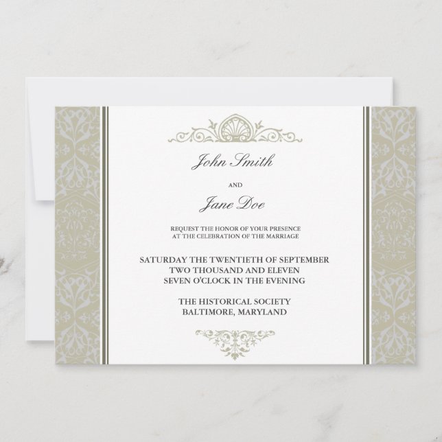 Damask Border Invitation in Champagne (Front)