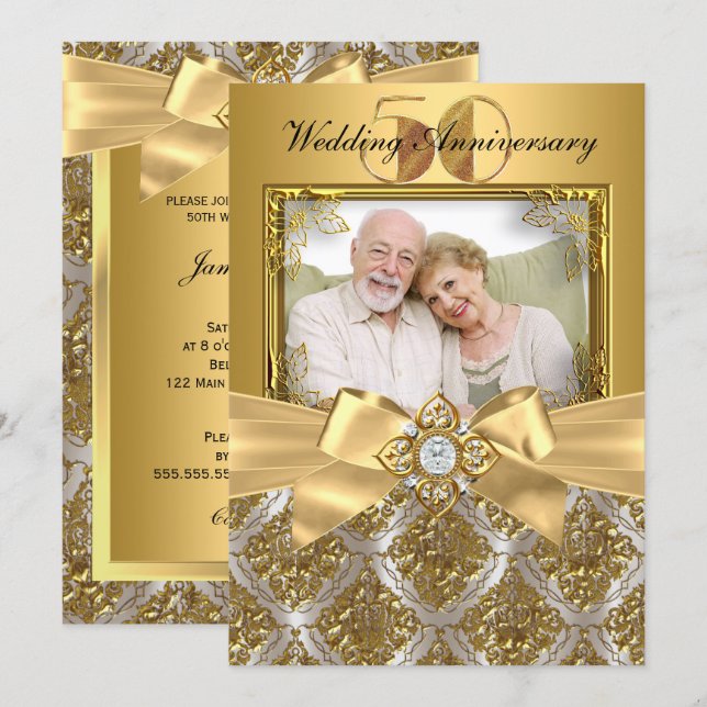 Damask & Bow Photo Gold 50th Anniversary Invite (Front/Back)