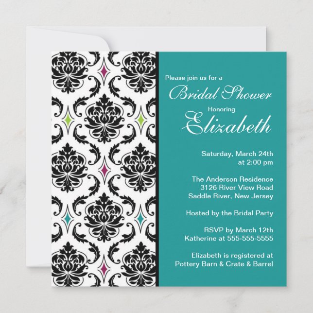 Damask Bridal Shower Invitation Black & Turquoise (Front)