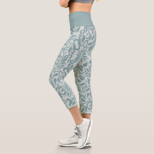 Damask Brocade Leaves on Grey Capri Leggings