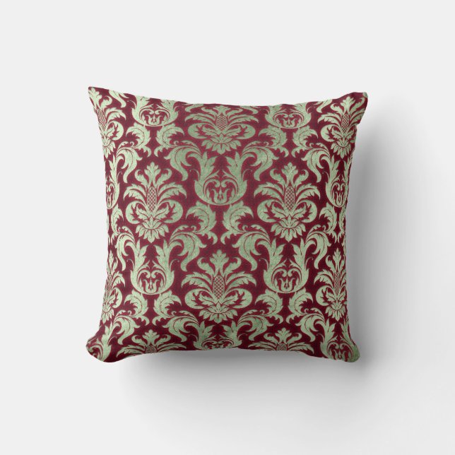 Damask Burgundy Mint Green Cottage Velvet Effect Cushion (Front)