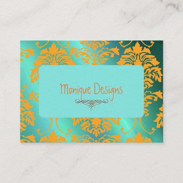 Damask business card aqua and orange (Front)