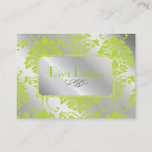 Damask business card in lime green on silver tone