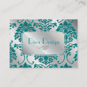 Damask business card in teal green on silver tone