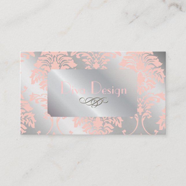 Damask business cards, pale pink silver tone business card (Front)