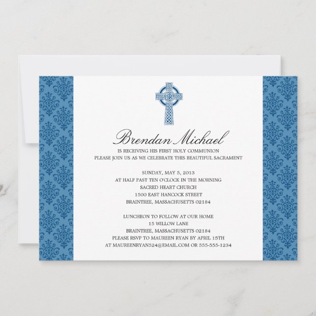 Damask Celtic Cross First Communion Invitation (Front)
