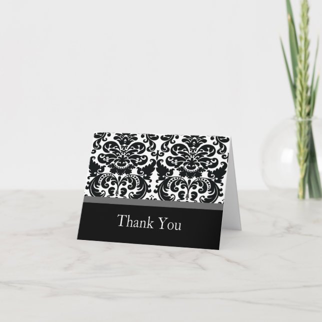 Damask Charcoal Grey Thank You Note Card (Front)