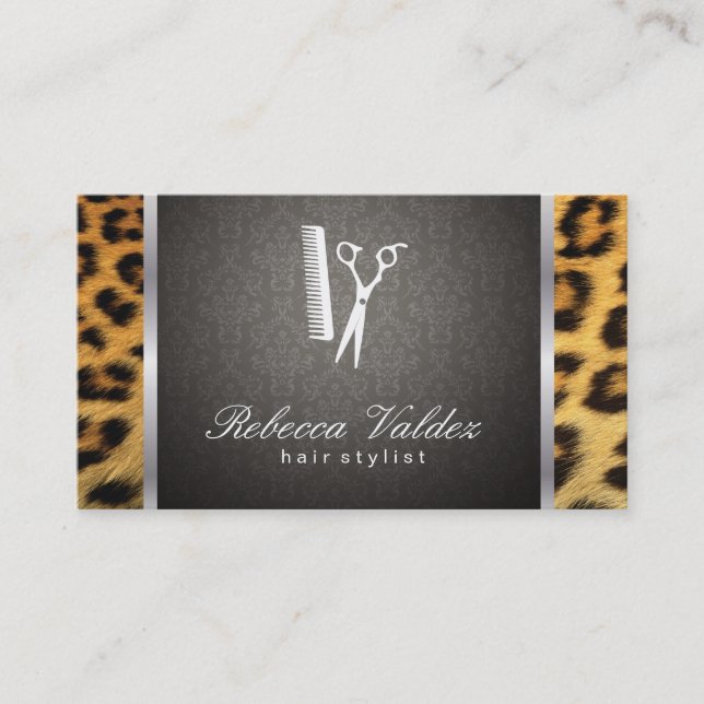 Damask / Cheetah Print / Silver Trim Business Card (Front)