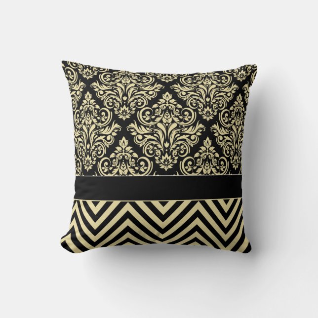 Damask Chevron - black ivory Cushion (Front)