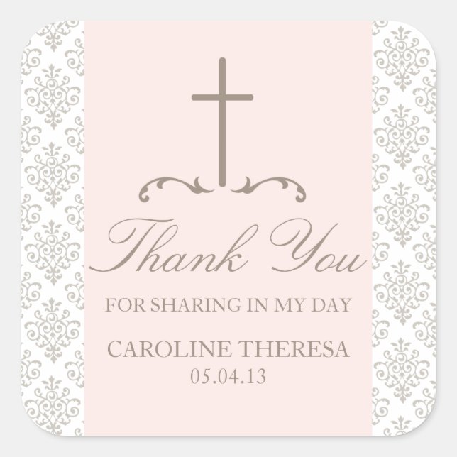 Damask Cross First Communion Square Sticker (Front)