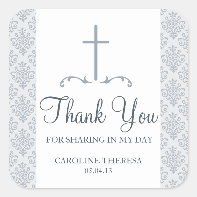 Damask Cross First Communion Square Sticker (Front)