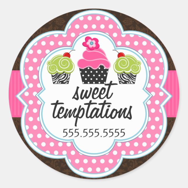 Damask Cupcake Bakery Business Classic Round Sticker (Front)