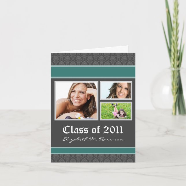 Damask Custom Graduation Announcement (teal) (Front)