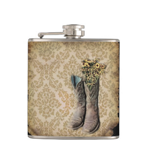 Damask daisy Western country cowboy boots Hip Flask