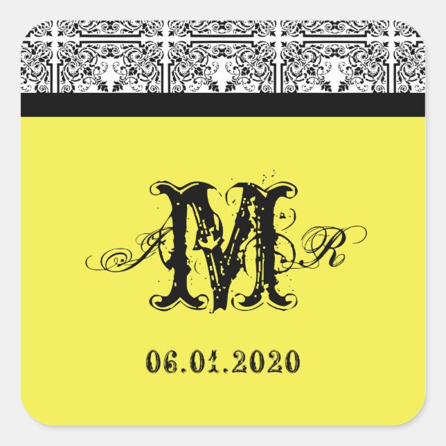 Damask Delight in Lemon Yellow Monogram Sticker (Front)